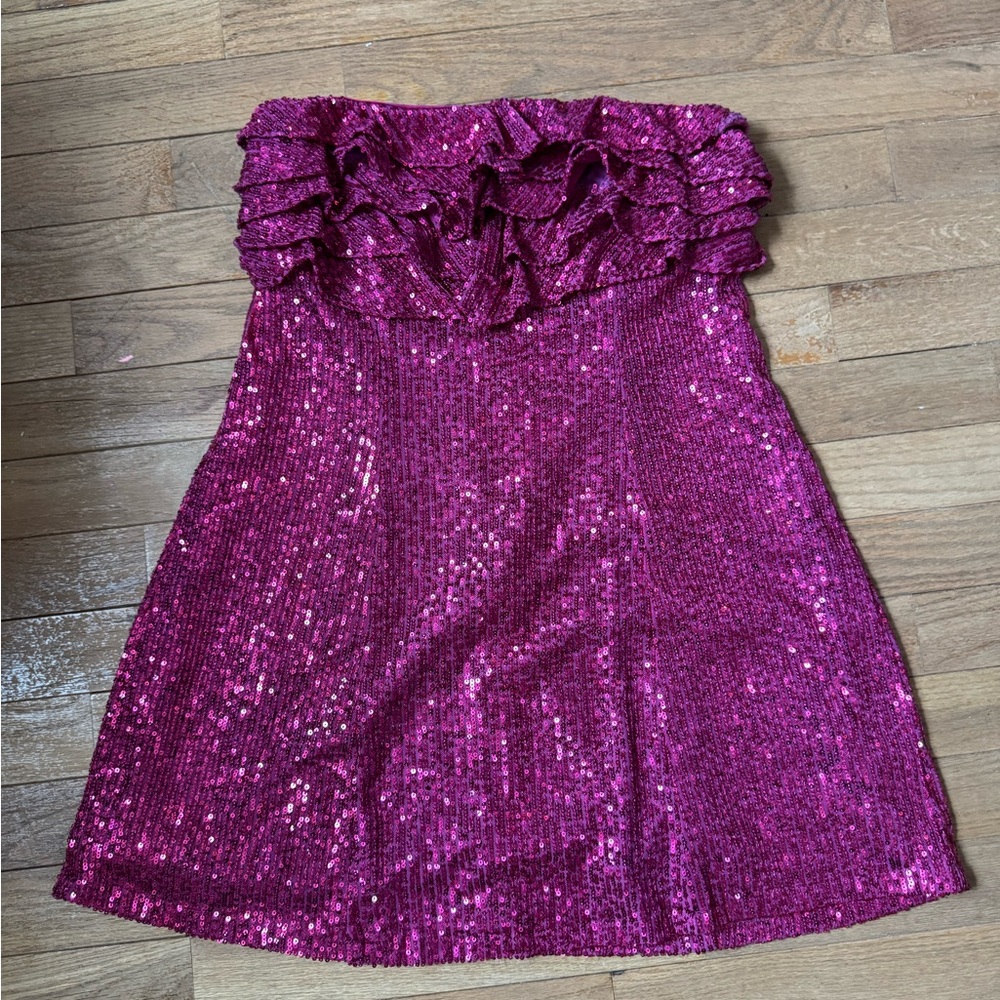 Free People Pink Mini Strapless Ruffled Sequin Dress
